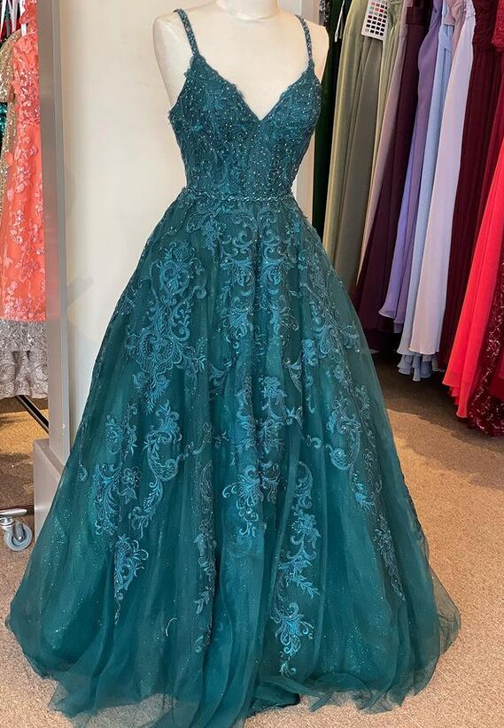 Straps Lace/Tulle Long Prom Dress with Beading