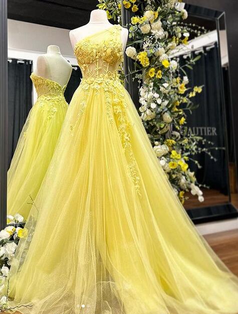 Beautiful Yellow-Green A-Line One-Shoulder Tulle Long Prom Dress Evening Dress cc5316
