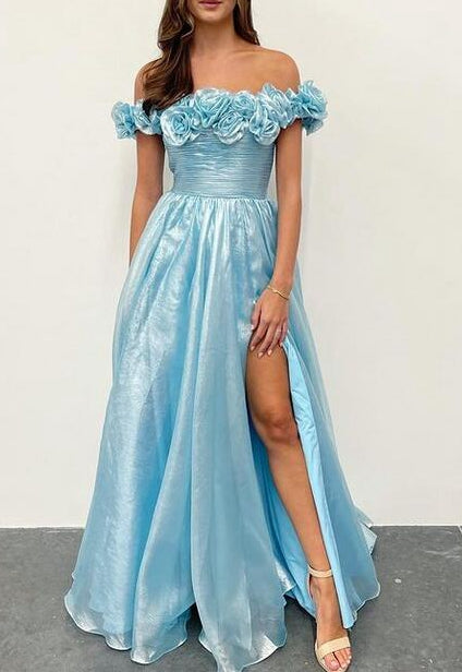 Off the Shoulder Long Prom Dress with Rosette Embellished Top