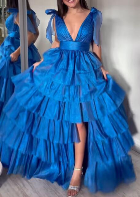 V-neck Open Back Ball Gown Long Prom Dress with Ruffle Skirt