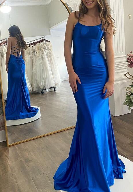 Straps Royal Blue Satin Mermaid Long Prom Dress