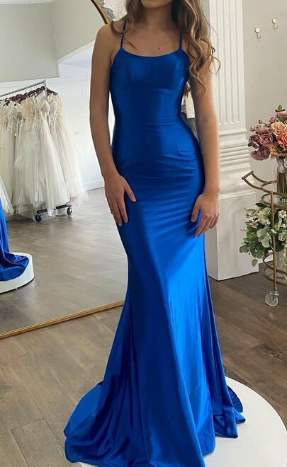 Straps Royal Blue Satin Mermaid Long Prom Dress