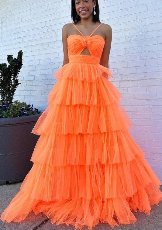 Tulle Long Prom Dress with Key Hole and Ruffle Skirt