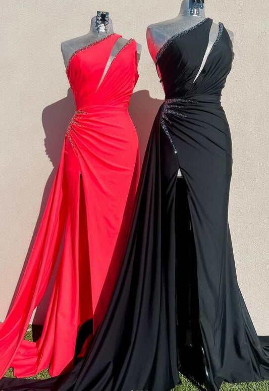 One Shoulder Long Prom Dress with Beadeing and Slit