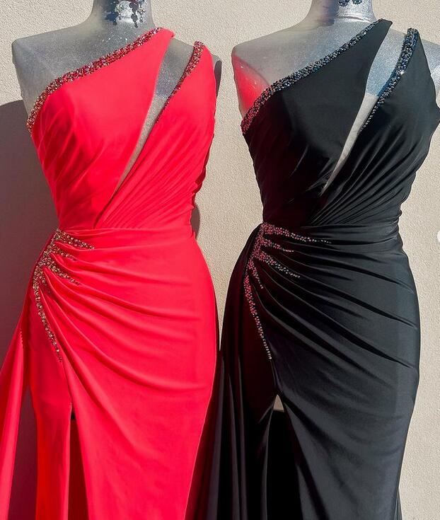 One Shoulder Long Prom Dress with Beadeing and Slit