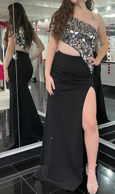 One-Shoulder Cut Glass Mirror Cutout Long Prom Dress