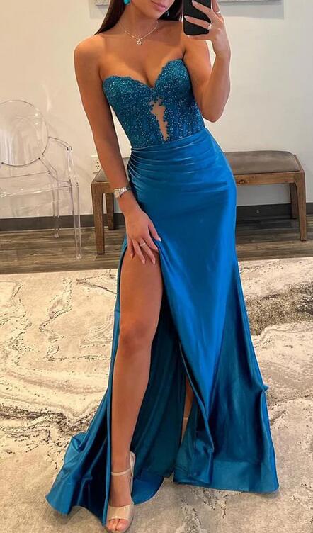 Strapless Satin Mermaid Long Prom Dress with Lace Top and Slit