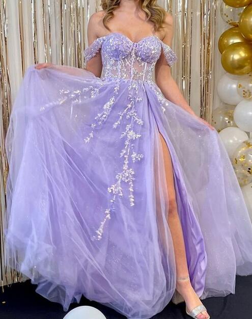 Off the Shoulder Tulle Long Prom Dress with Sequins Lace