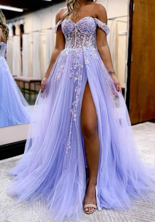 Off the Shoulder Tulle Long Prom Dress with Sequins Lace