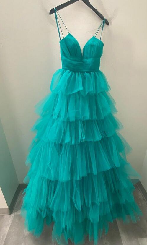 Straps Tulle Long Prom Dress with Ruffle Skirt