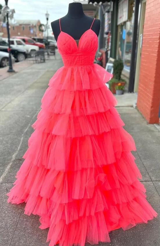 Straps Tulle Long Prom Dress with Ruffle Skirt