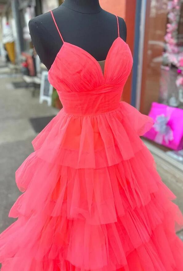 Straps Tulle Long Prom Dress with Ruffle Skirt