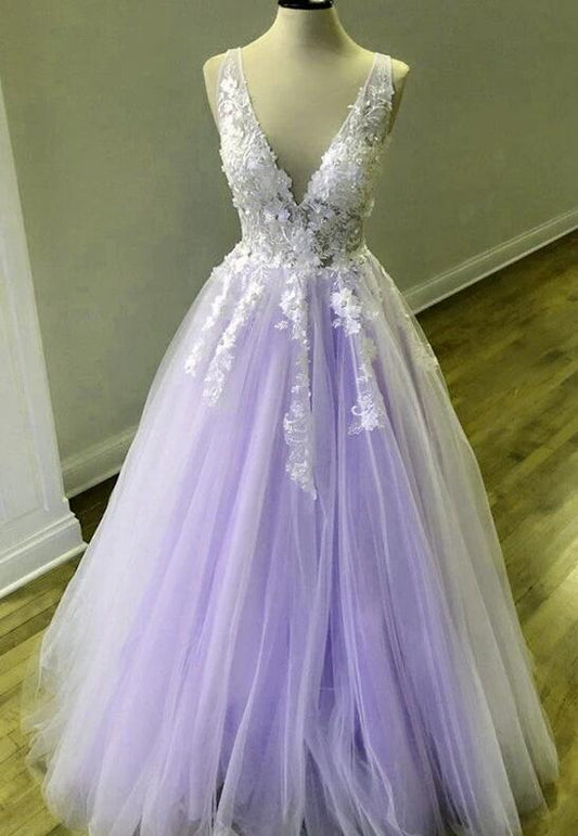 V-neck Open Back Tulle Long Prom Dress with Appliques