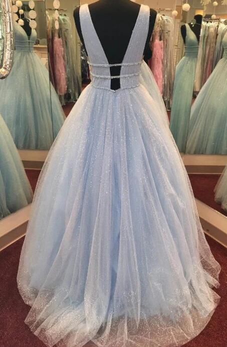 V-neck Open Back Sparkly Tulle Long Prom Dress