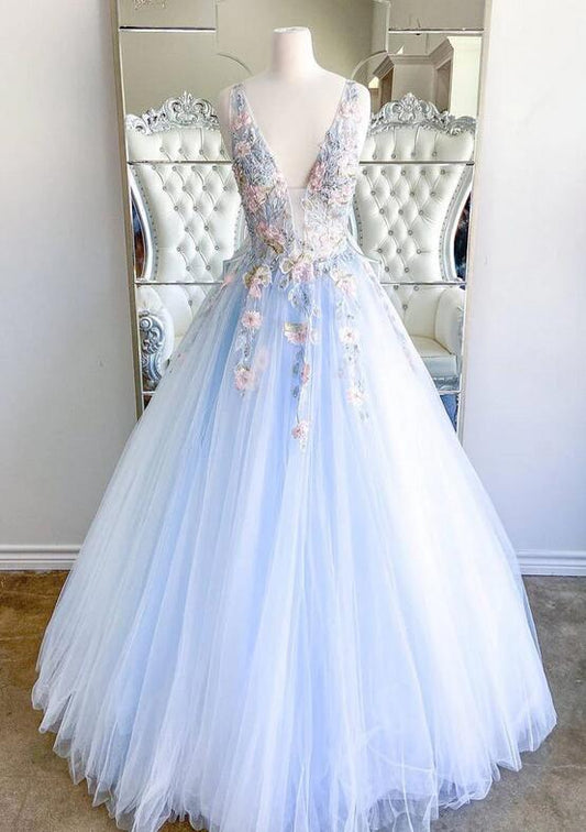 V-neck Open Back Tulle Long Prom Dress with Appliques