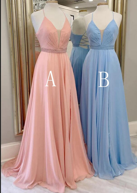 Straps A-line Chiffon Long Prom Dress with Beading