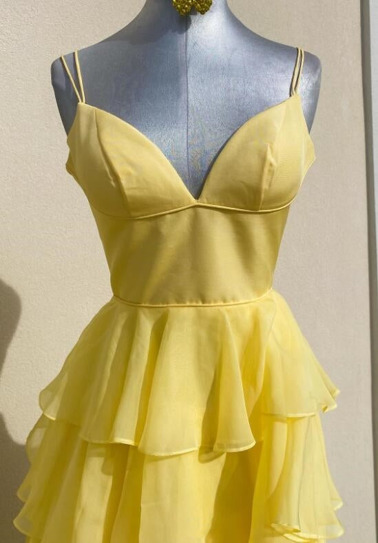 Yellow Ruffle Chiffon A-Line Long Prom Dress with Skirt Slit