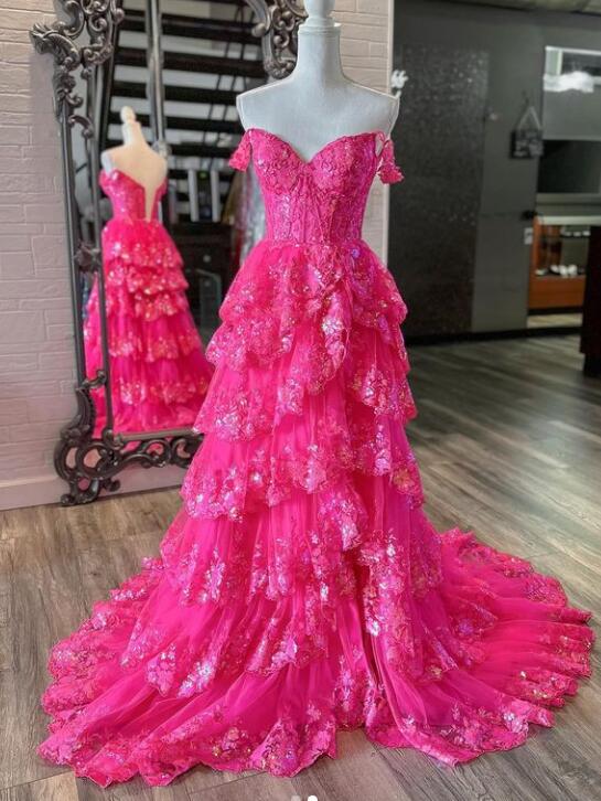 Tulle/Lace Sequins Long Prom Dress with Ruffle Skirt