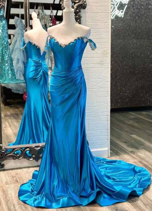 Off the Shoulder Mermaid Long Prom Dress with Beaded Neck