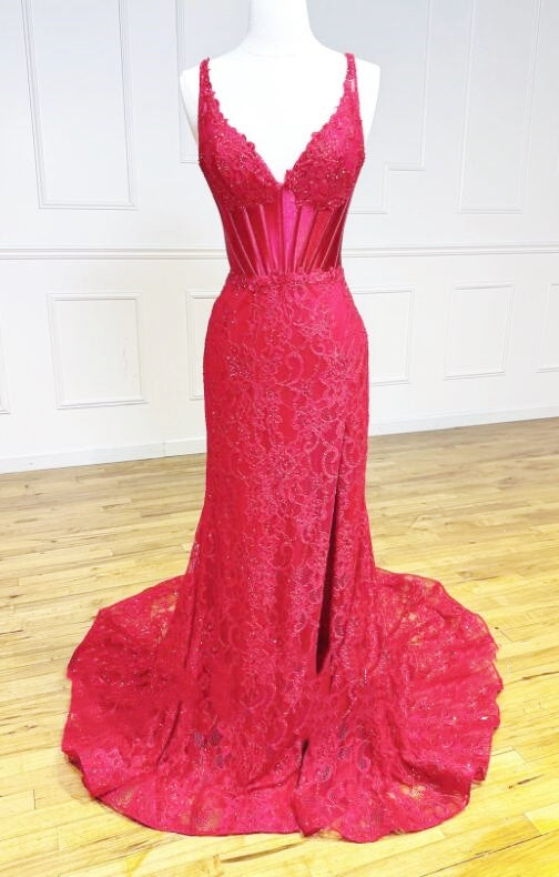 Red V-neck Fitted Lace Long Prom Dress with Slit