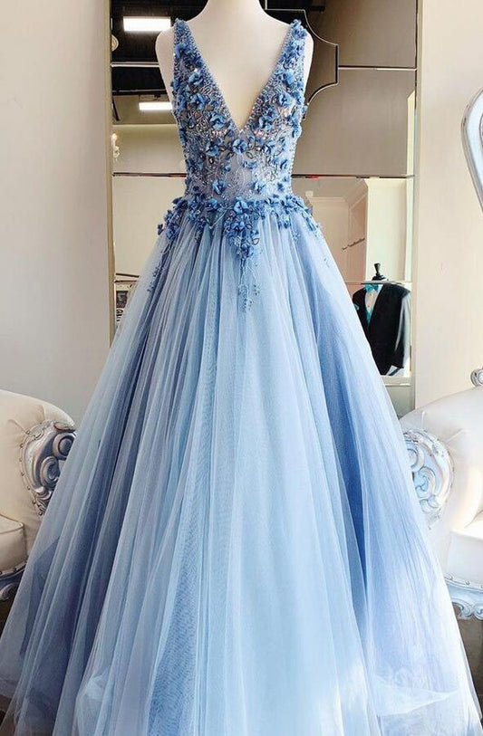 V-neck Open Back Tulle Long Prom Dress with Appliques and Beading