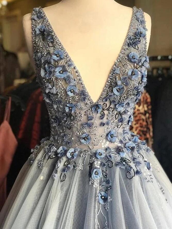Open Back Tulle Long Prom Dress with Appliques and Beading,Formal Dress,Evening Dress main image 1