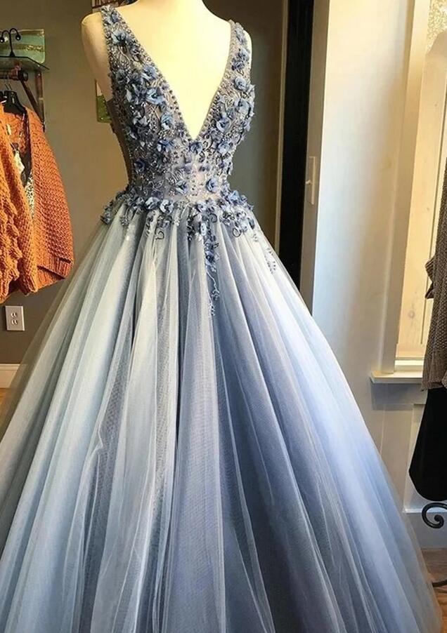 V-neck Open Back Tulle Long Prom Dress with Appliques and Beading