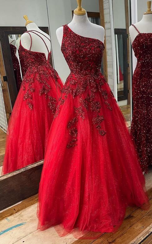 One Shoulder Red Long Prom Dresses with Sequins Lace