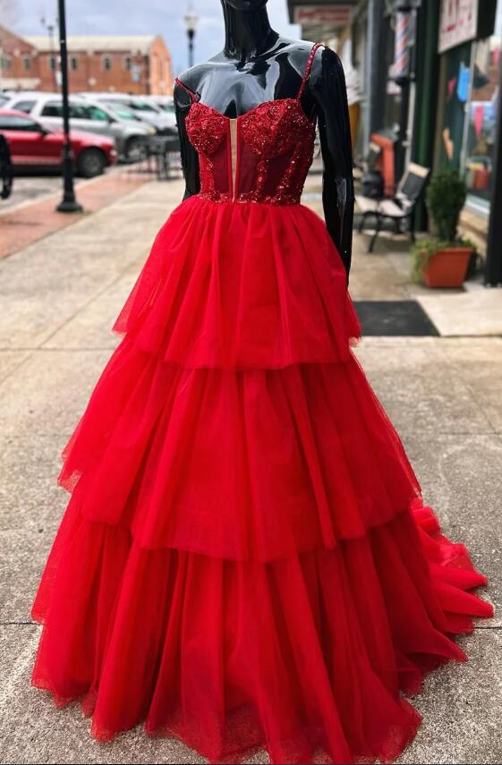 Straps Long Prom Dress with Lace Top and Ruffle Skirt