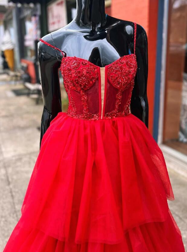 Straps Long Prom Dress with Lace Top and Ruffle Skirt