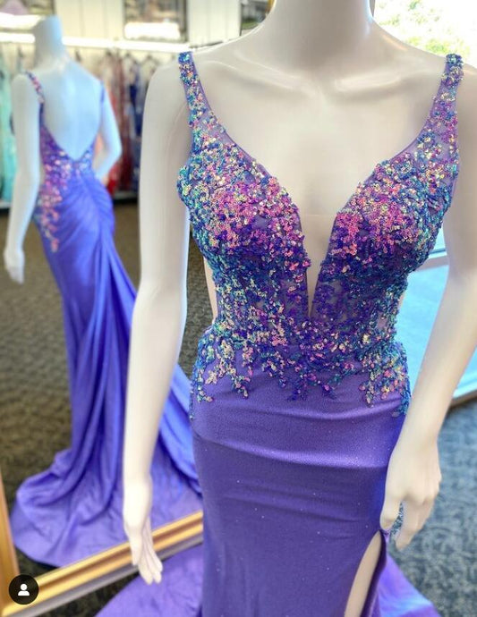 V-neck Mermaid Long Prom Dress with Sequins Lace Top