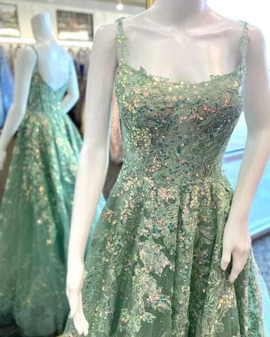 Straps A-line Sequins Lace Long Prom Dress