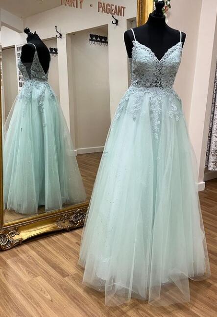 Straps Tulle Long Prom Dress with Appliques