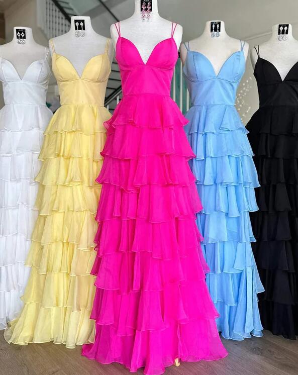 Yellow Ruffle Chiffon A-Line Long Prom Dress with Skirt Slit
