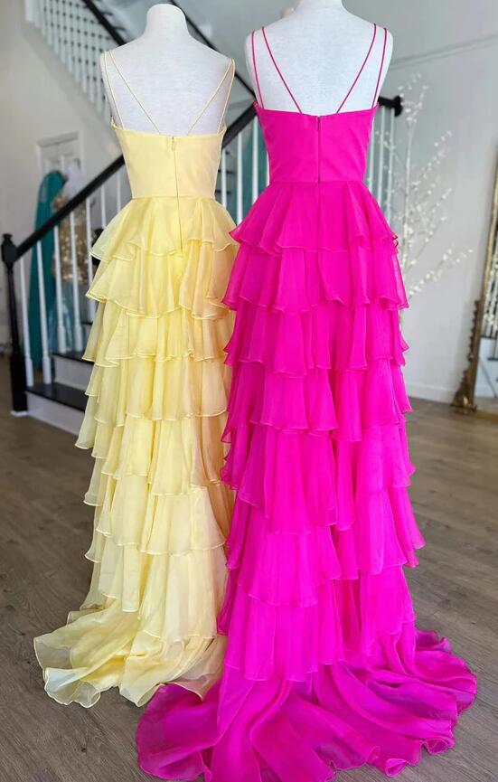 Yellow Ruffle Chiffon A-Line Long Prom Dress with Skirt Slit