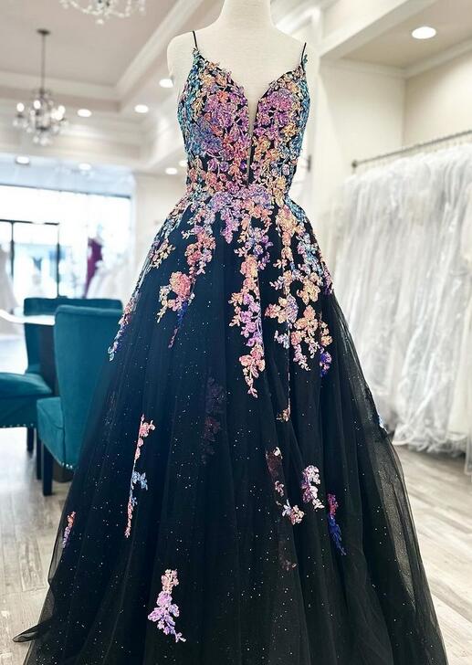 Straps Sequins Lace Tulle Long Prom Dress