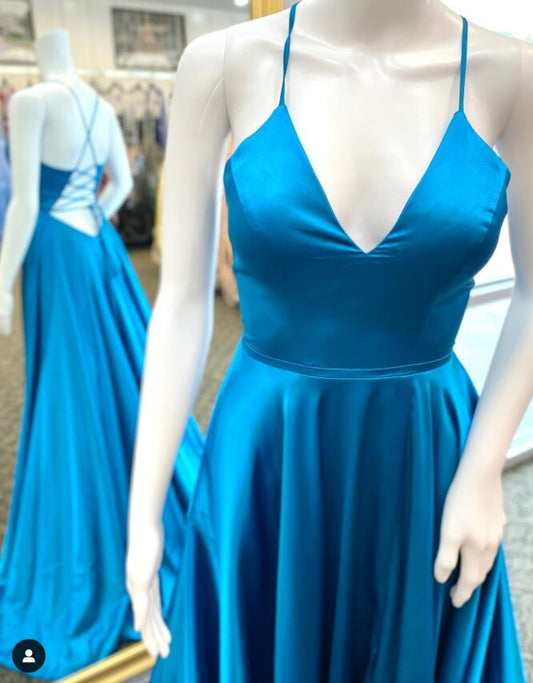 V-neck Simple Long Prom Dress with Lace-up Back