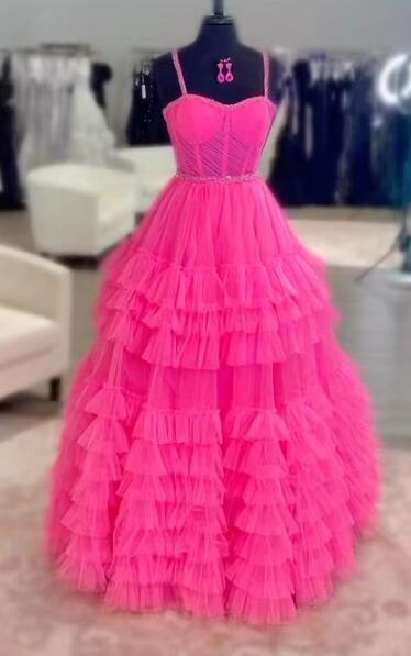Straps Tulle Long Prom Dress with Beading and Ruffle Skirt