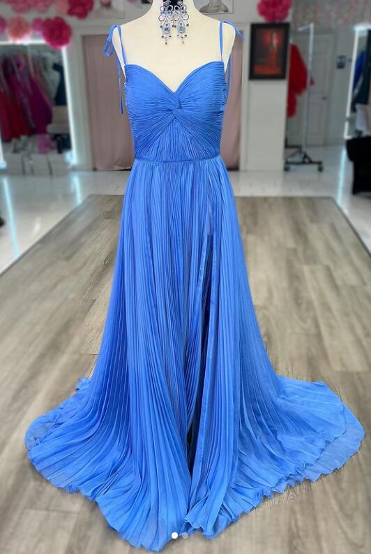 Pleated chiffon Long Prom Dresses with Skirt Slit