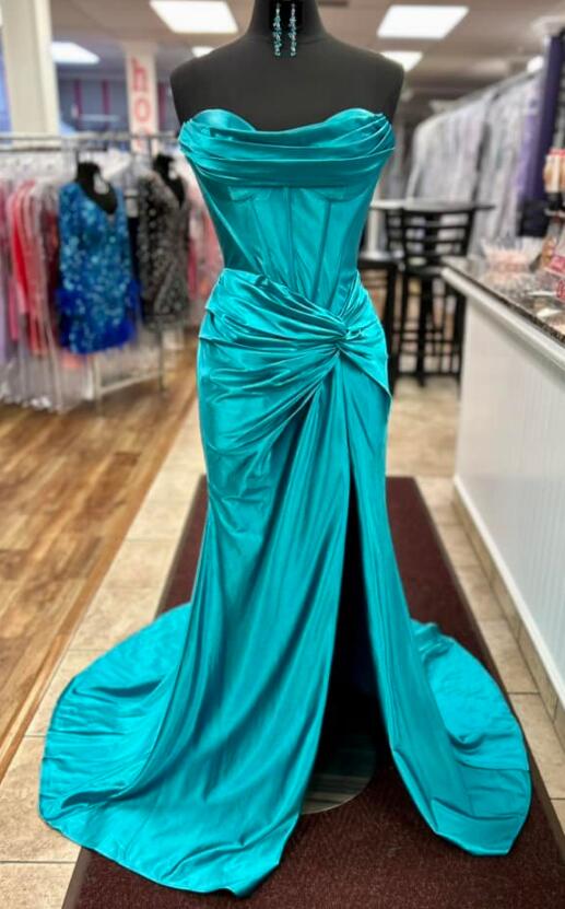 Strapless Satin Long Prom Dresses with Ruched Waistline