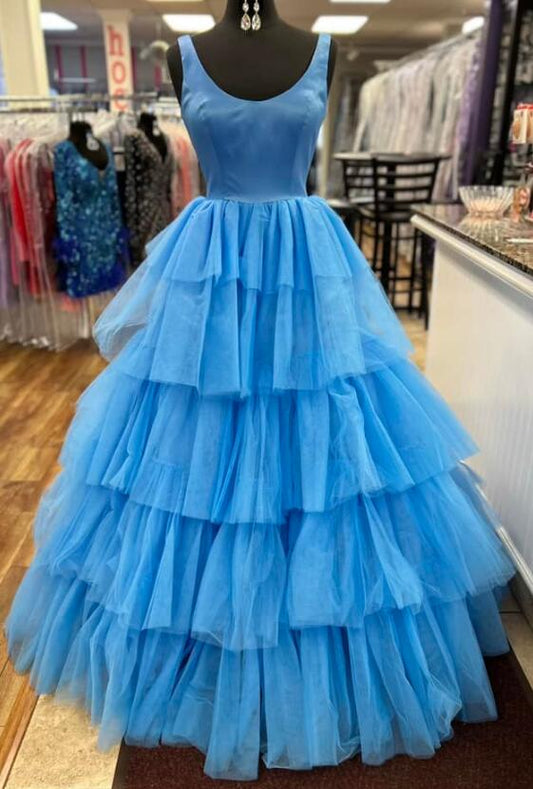 Scoop Neck Long Prom Dresses with Ruffle Skirt