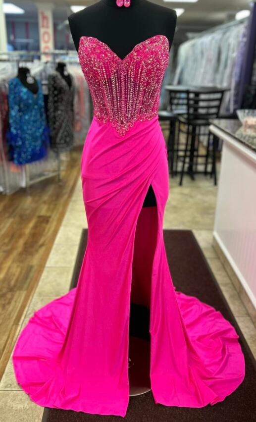 Strapless Long Prom Dresses with Beading Bodice and Skirt Slit