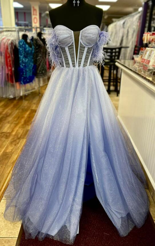 Off the Shoulder Sparkly Long Prom Dresses with Feather Sleeves