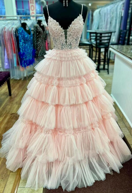 Straps Ball Gown Prom Dress with Lace Corset Bodice and Ruffle Skirt