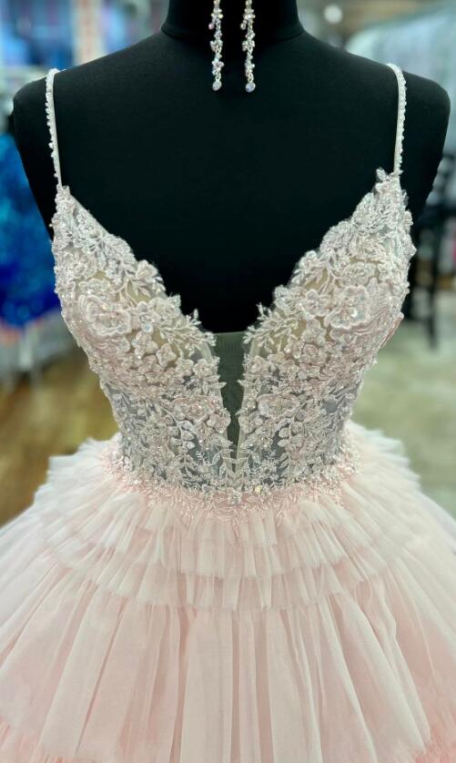 Straps Ball Gown Prom Dress with Lace Corset Bodice and Ruffle Skirt