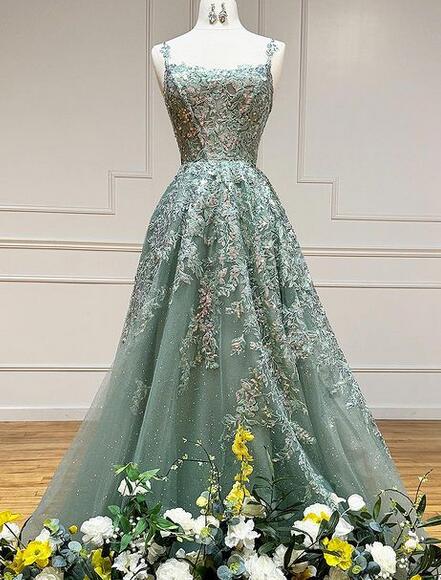 Straps A-line Sequins Lace Long Prom Dress