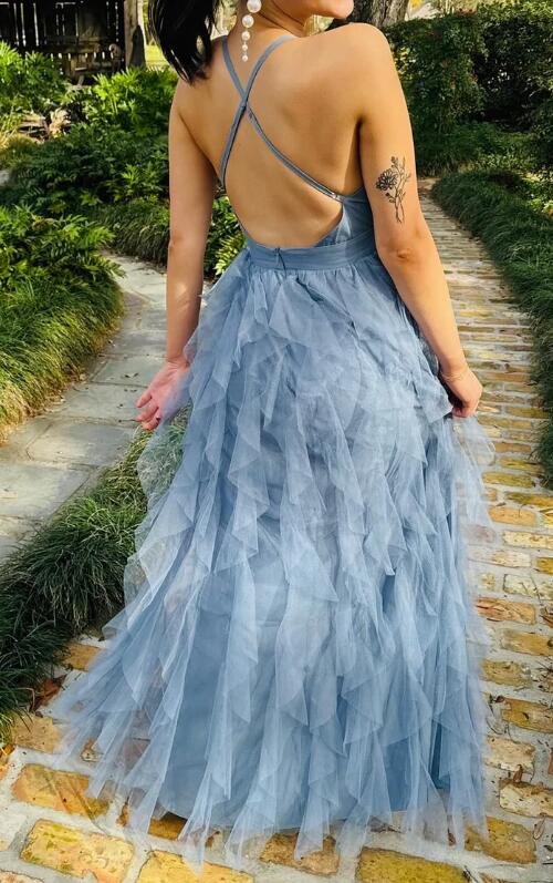 Ruffled Long A-Line Tulle Prom Dress