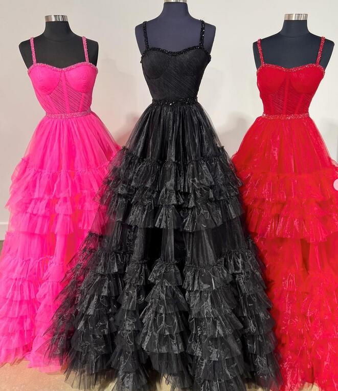 Straps Tulle Long Prom Dress with Beading and Ruffle Skirt