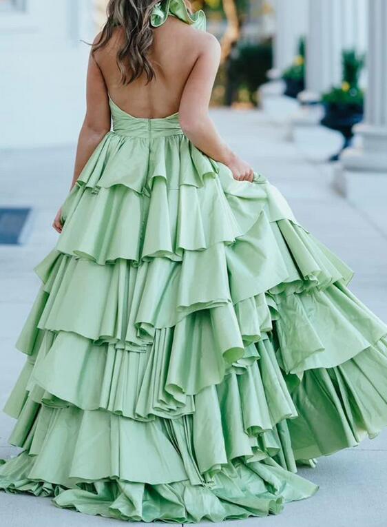 Halter Neck Long Prom Dresses with Ruffle Skirt