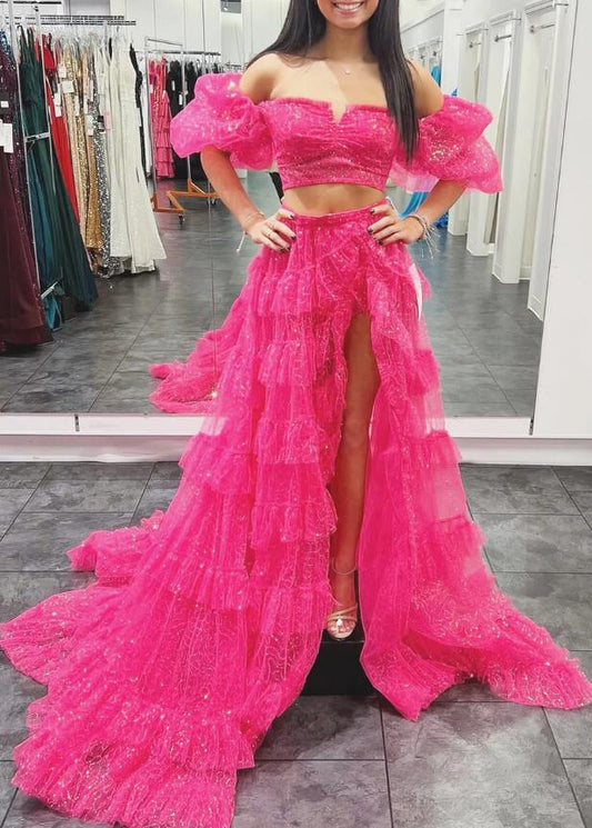 Two-piece Sequin Tulle Long Prom Dress with Balloon Sleeves and Ruffle Skirt